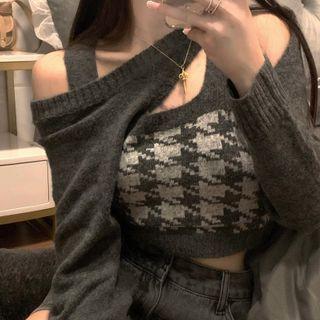 Houndstooth Knit Camisole Top / Asymmetrical Crop Sweater
