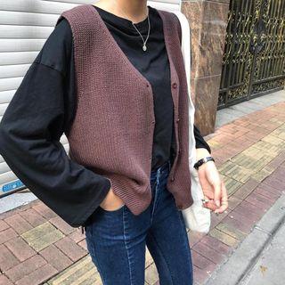 Plain Loose-fit V-neck Knit Vest