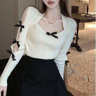 Ribbon Accent Knit Top Black & White - One Size