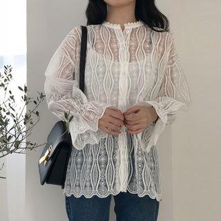 Set : Long-sleeve Chiffon Blouse + Spaghetti Strap Top