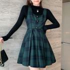 Plaid Pleated Mini A-line Overall Dress