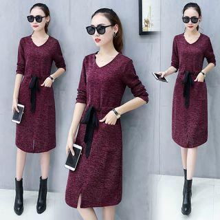 Tie Waist Midi Long Sleeve Knit Dress