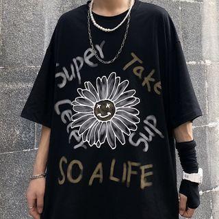 Daisy Print Elbow-sleeve T-shirt