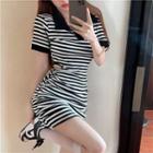 Short-sleeve Striped Cutout A-line Polo Dress