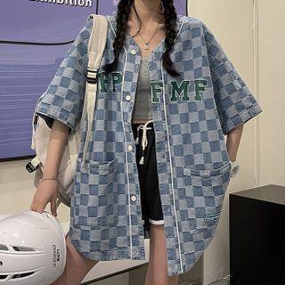 Short-sleeve Letter Embroidered Checker Print Denim Shirt
