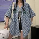 Short-sleeve Letter Embroidered Checker Print Denim Shirt