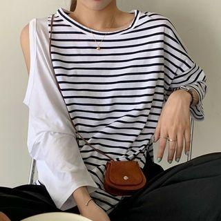 Striped Panel Cold-shoulder Long-sleeve T-shirt Stripe - One Size