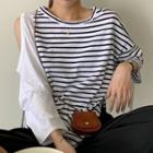 Striped Panel Cold-shoulder Long-sleeve T-shirt Stripe - One Size
