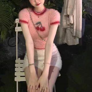 Short-sleeve Cherry Print Knit Top Red Cherries - Pink - One Size