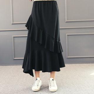 Asymmetric-hem Ruffled Long Skirt