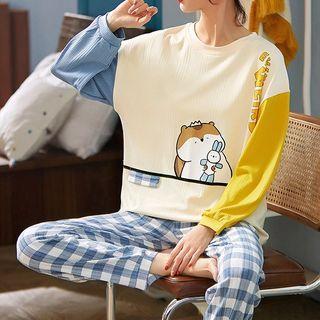 Loungewear Set : Long-sleeve Color Panel Print Top + Pants