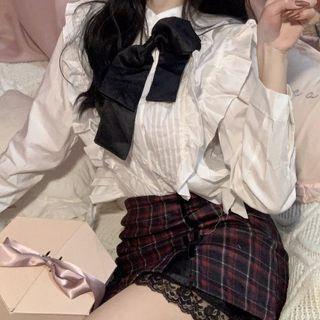 Ruffle Trim Bow Blouse / Lace Trim Plaid Mini Skirt