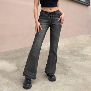 Plain Low Waist Tie-front Boot-cut Pants
