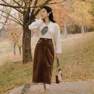Long-sleeve Collared Button-up Knit Top / Midi A-line Corduroy Skirt