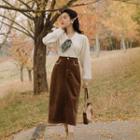 Long-sleeve Collared Button-up Knit Top / Midi A-line Corduroy Skirt