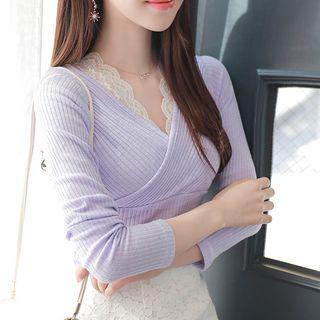 Wrap-front Lace-trim Rib-knit Top