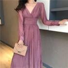 V-neck Long-sleeve Pleated Maxi Dress