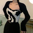 Long-sleeve Shrug / Jacquard Knit Tube Top / Bootcut Pants