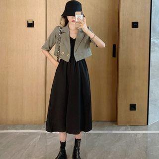 Elbow-sleeve Blazer / Strapless A-line Midi Dress