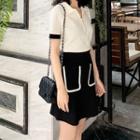 Set: Short Sleeve Half-zip Top + Contrast Pocket A-line Skirt