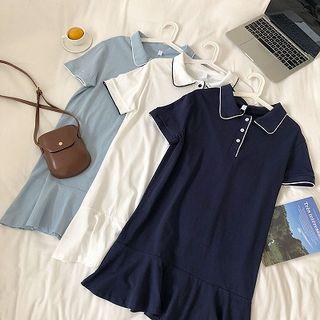 Color-block Ruffled-trim Short-sleeve Dress