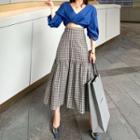 Long-sleeve Crop Top / Plaid A-line Midi Skirt