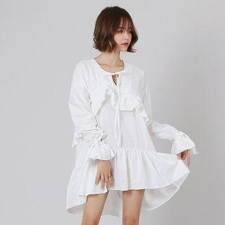 Frill-sleeve Shirred Mini Dress