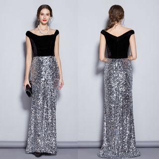 Sleeveless Velvet Panel Sequined Evening Gown