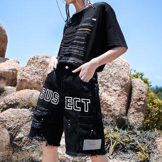 Lettering Distressed Knee-length Denim Shorts