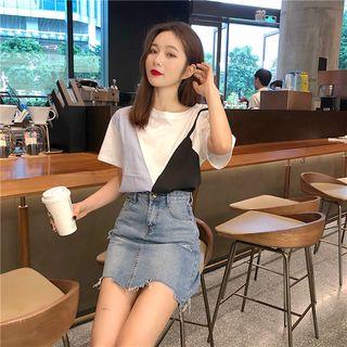 Mock Two-piece Colorblock T-shirt As Shown In Figure - One Size