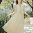 Short-sleeve Lace Bow Accent Midi A-line Dress