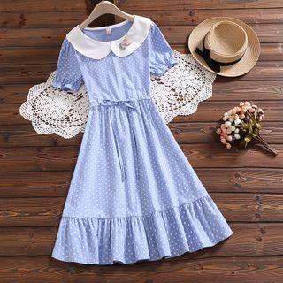 Short-sleeve Collared Dotted Midi A-line Dress