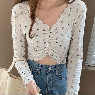 Long-sleeve Floral Print Ruched Crop Top