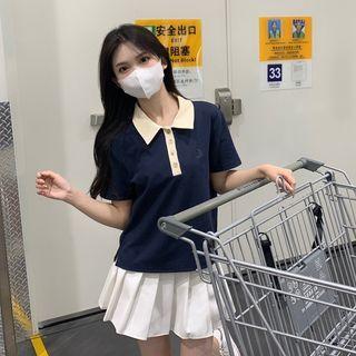 Short-sleeve Polo-neck Two-tone Top