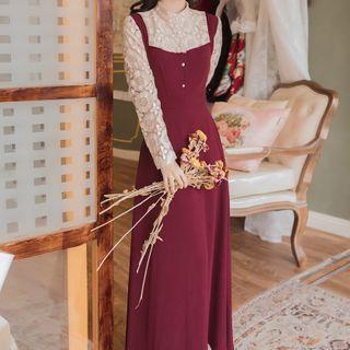 Mock Two-piece Long-sleeve Lace Panel Midi A-line Dress