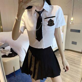 Short-sleeve Logo Embroidered Crop Shirt / Chain Tie / Pleated Mini A-line Skirt / Set