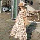 Floral Print Chiffon Wrap Dress Beige - One Size