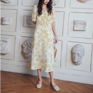 Short-sleeve Floral Chiffon Drawstring Midi Dress