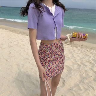 Plain Short-sleeve Cropped Cardigan