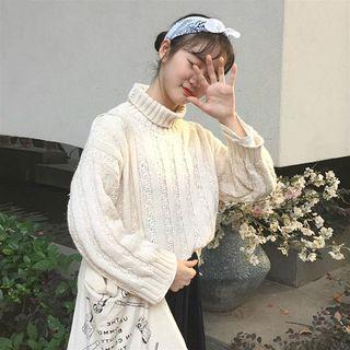 Plain Turtle-neck Bell-sleeve Loose-fit Sweater