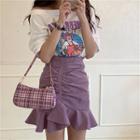 Printed One-shoulder T-shirt / Ruffle Hem Mini Pencil Skirt