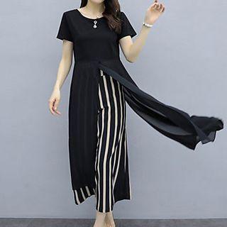 Set: Short-sleeve Chiffon Panel T-shirt + Striped Wide-leg Pants