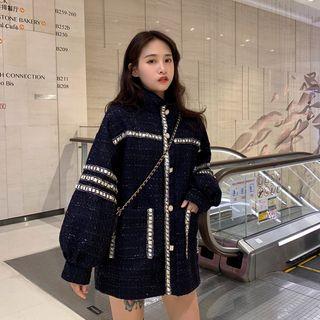 Contrast Trim Tweed Jacket Blue - One Size