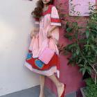 Elbow-sleeve Heart Embroidered Midi A-line Dress Pink - One Size