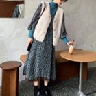 Puff-sleeve Floral Print Midi A-line Dress / Faux Shearling Sweater Vest