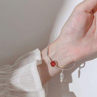 925 Sterling Silver Bead Pendant Feather Bracelet Red & Silver - One Size