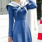 Color-block Lace-up Long-sleeve Knit Dress