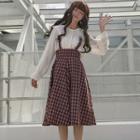 Lace-trim Shirt / Plaid Midi A-line Suspender Skirt