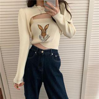 Set: Rabbit Embroidered Knit Camisole Top + Knit Shrug