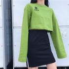 Letter Embroidered Cropped Pullover Green - One Size